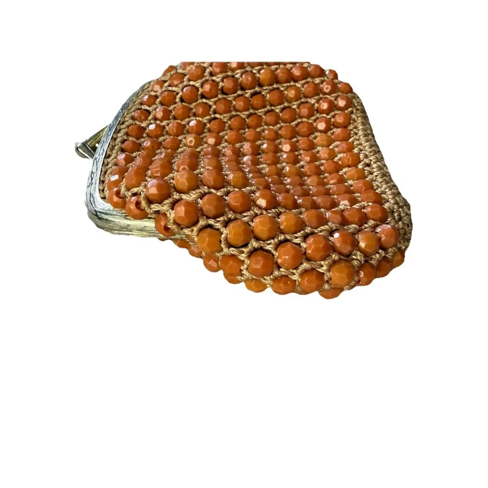 Vintage Amber Colored Beaded Crocheted Coin Purse Kiss Lock Closure‎